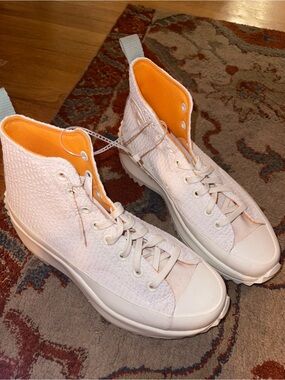 Converse Women’s White Knit High-Top Platform Sneakers with Orange Lining